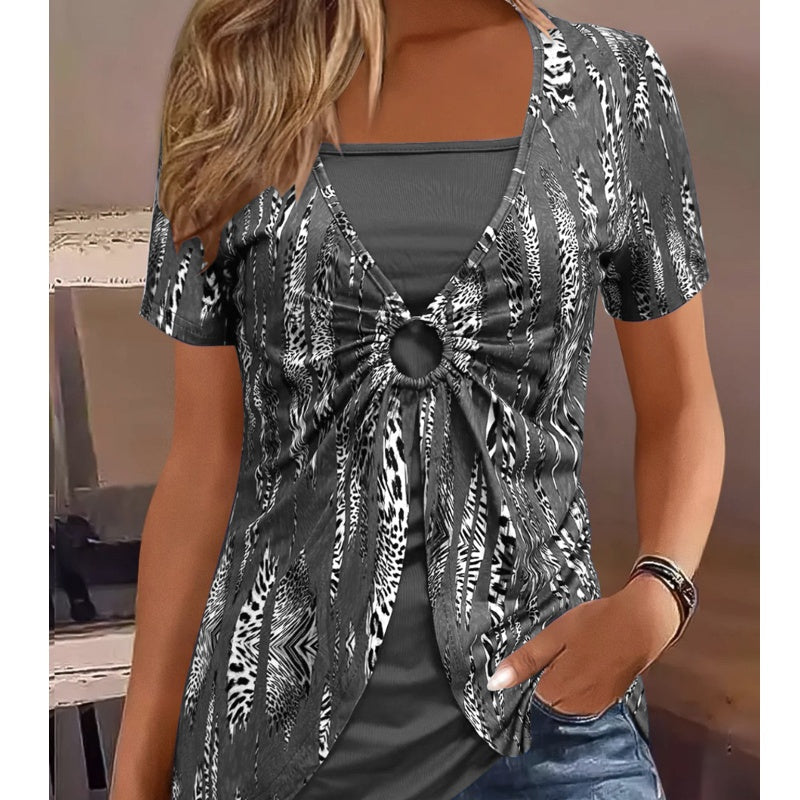 Camiseta vintage de manga corta con estampado de leopardo y cuello cuadrado para mujer-ES