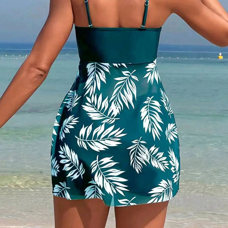 🌴👙Γυναικείο μαγιό δύο τεμαχίων με στάμπα και σορτς με τιράντες-GR