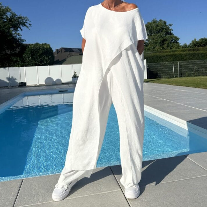 🌸Σετ μονόχρωμης μπλούζας και παντελονιού με έξω τους ώμους-GR