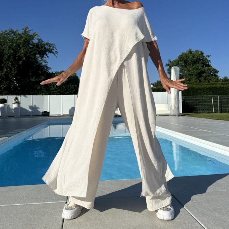 🌸Σετ μονόχρωμης μπλούζας και παντελονιού με έξω τους ώμους-GR