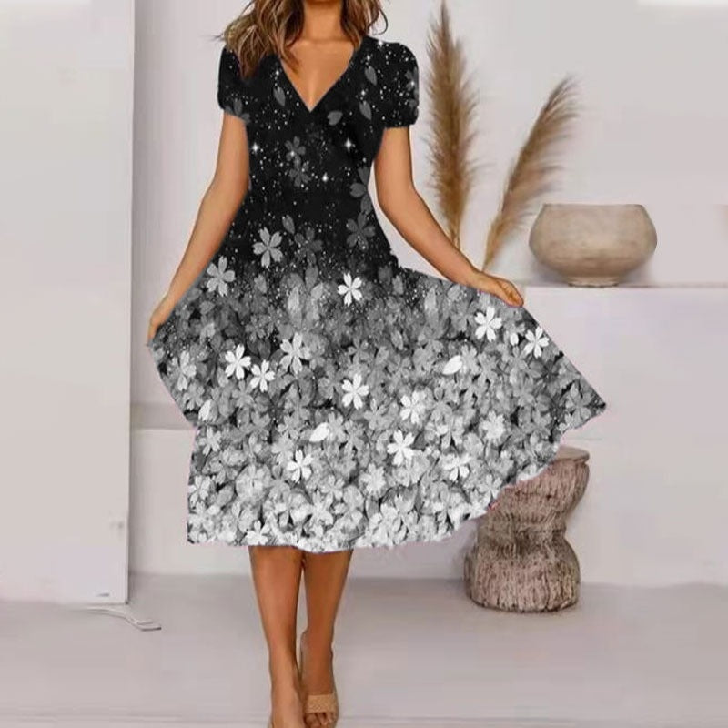 【S-4XL】🌺Moteriška laisvai krintanti V formos iškirptės raštuota suknelė-LT