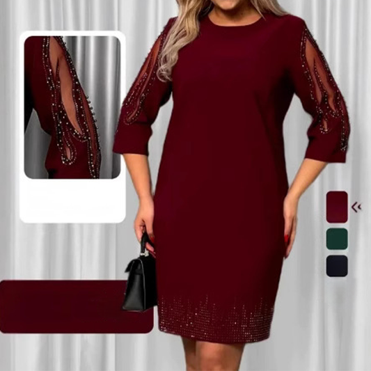 ✨Septynių ketvirčių rankovių suknelė, dekoruota kalnų krištolo nėriniais-LT