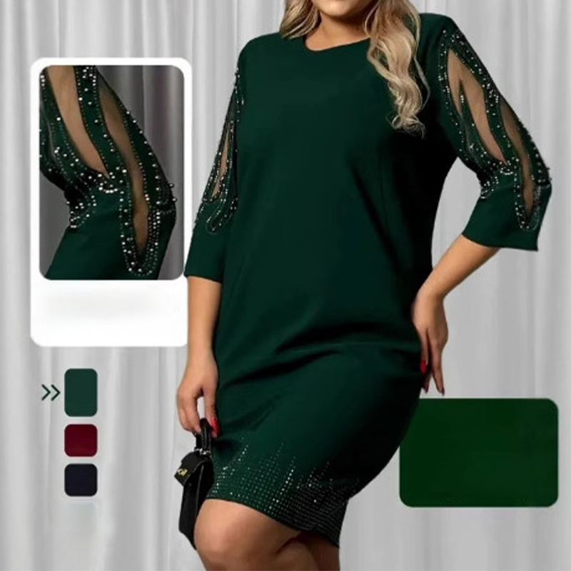 ✨Septynių ketvirčių rankovių suknelė, dekoruota kalnų krištolo nėriniais-LT