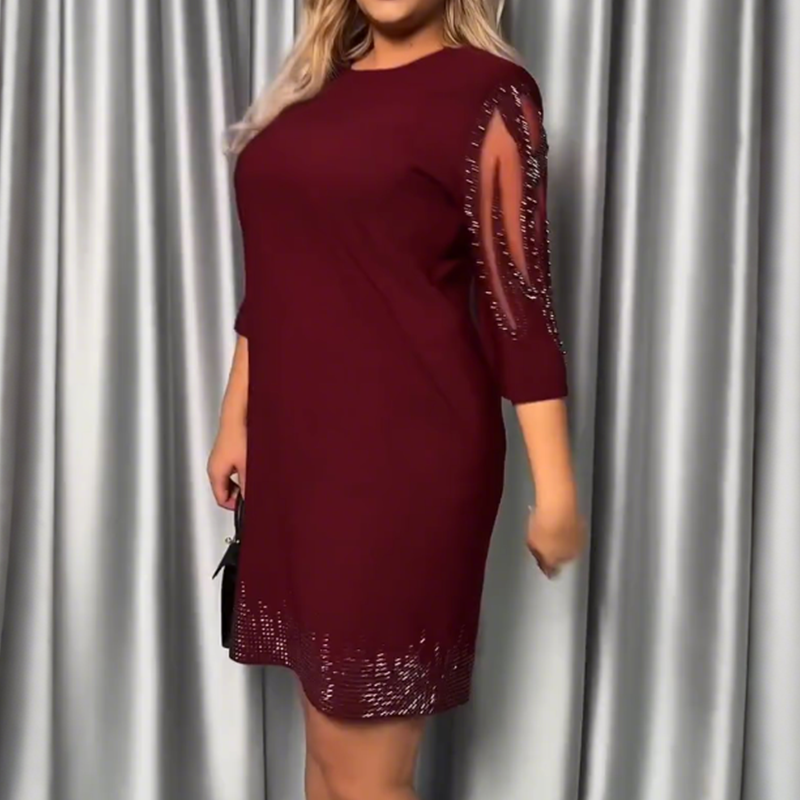 ✨Septynių ketvirčių rankovių suknelė, dekoruota kalnų krištolo nėriniais-LT