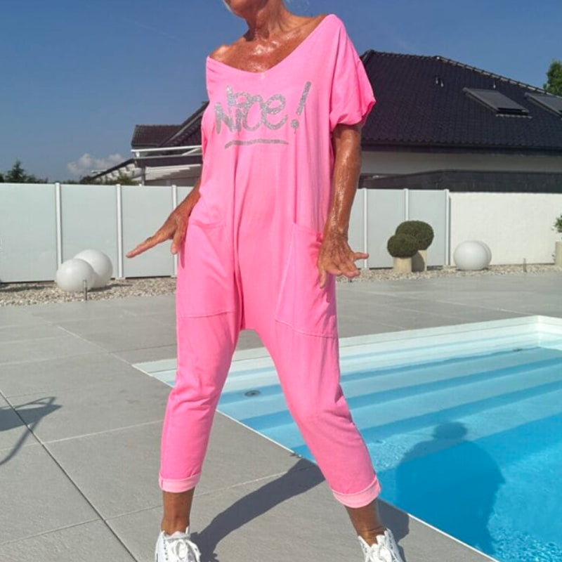 💖【S~5XL】Γυναικεία ολόσωμη φόρμα με τυπωμένα γράμματα και τσέπες σε μεγάλα μεγέθη-GR