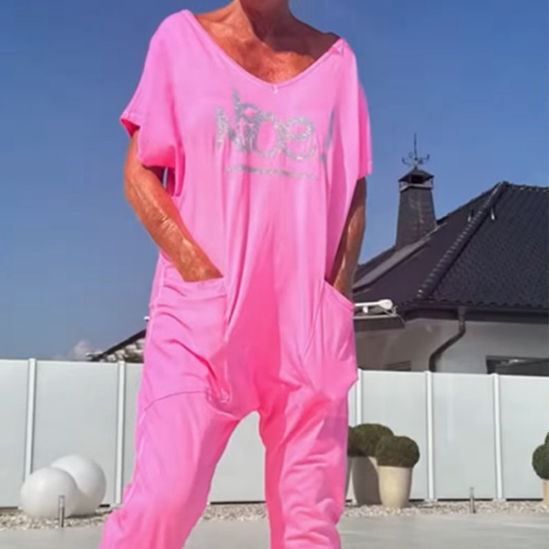 💖【S~5XL】Γυναικεία ολόσωμη φόρμα με τυπωμένα γράμματα και τσέπες σε μεγάλα μεγέθη-GR