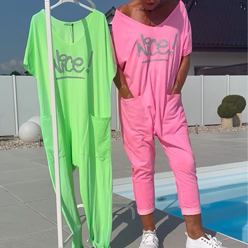 💖【S~5XL】Γυναικεία ολόσωμη φόρμα με τυπωμένα γράμματα και τσέπες σε μεγάλα μεγέθη-GR