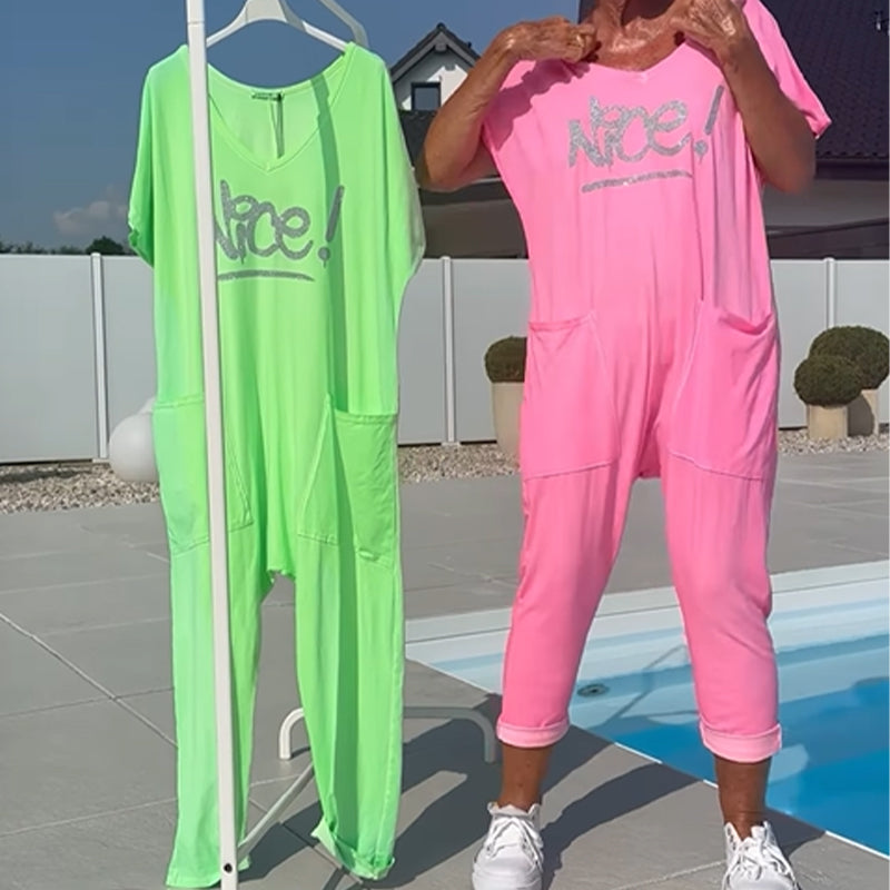 💖【S~5XL】Γυναικεία ολόσωμη φόρμα με τυπωμένα γράμματα και τσέπες σε μεγάλα μεγέθη-GR