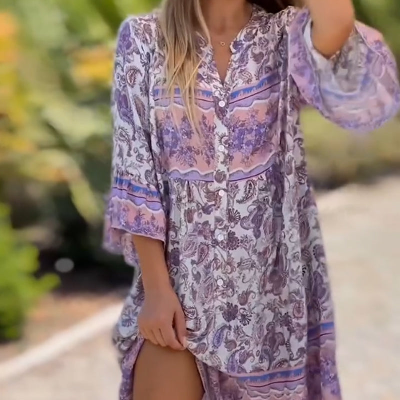 🌸Vestido floral con escote en V | Corte romántico francés, ideal para vacaciones o citas. Falda divina.-ES