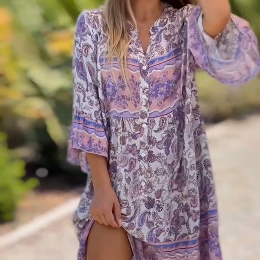 🌸Vestido floral con escote en V | Corte romántico francés, ideal para vacaciones o citas. Falda divina.-ES