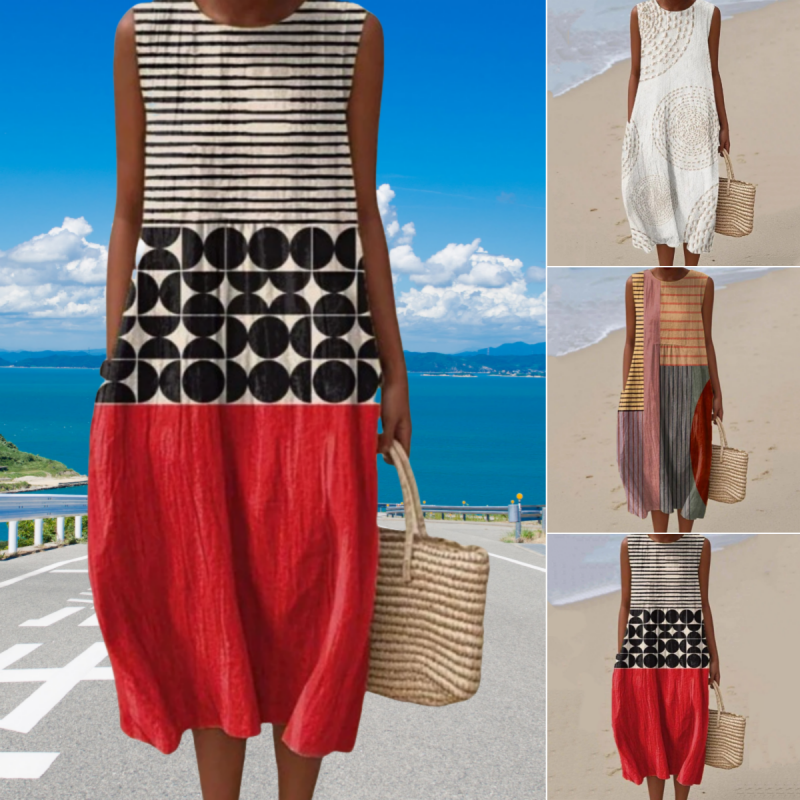 Modna ženska obleka brez rokavov z okroglim izrezom-SI