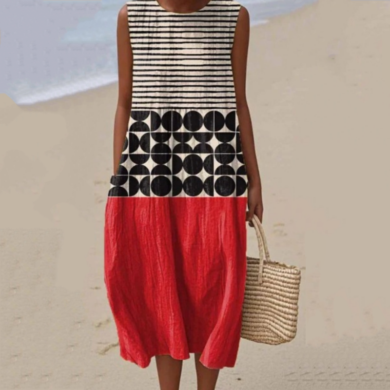 Modna ženska obleka brez rokavov z okroglim izrezom-SI