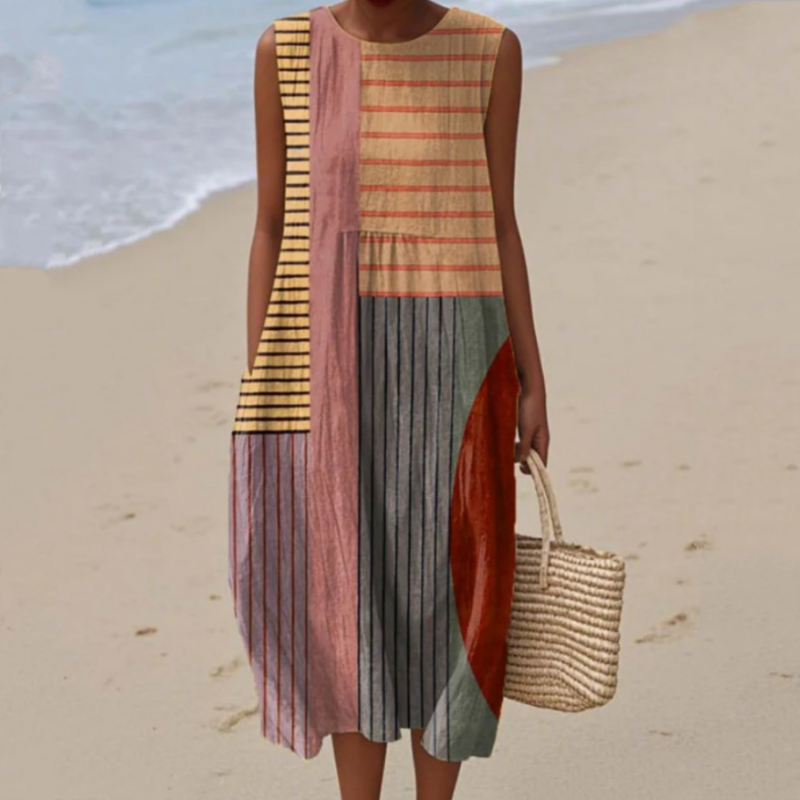 Modna ženska obleka brez rokavov z okroglim izrezom-SI