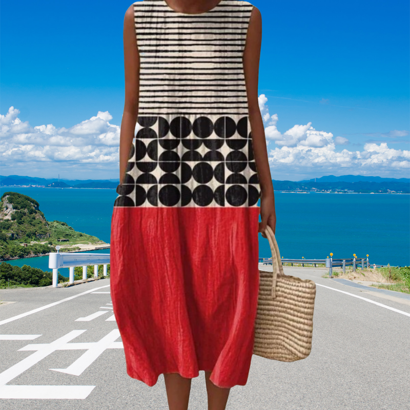 Modna ženska obleka brez rokavov z okroglim izrezom-SI