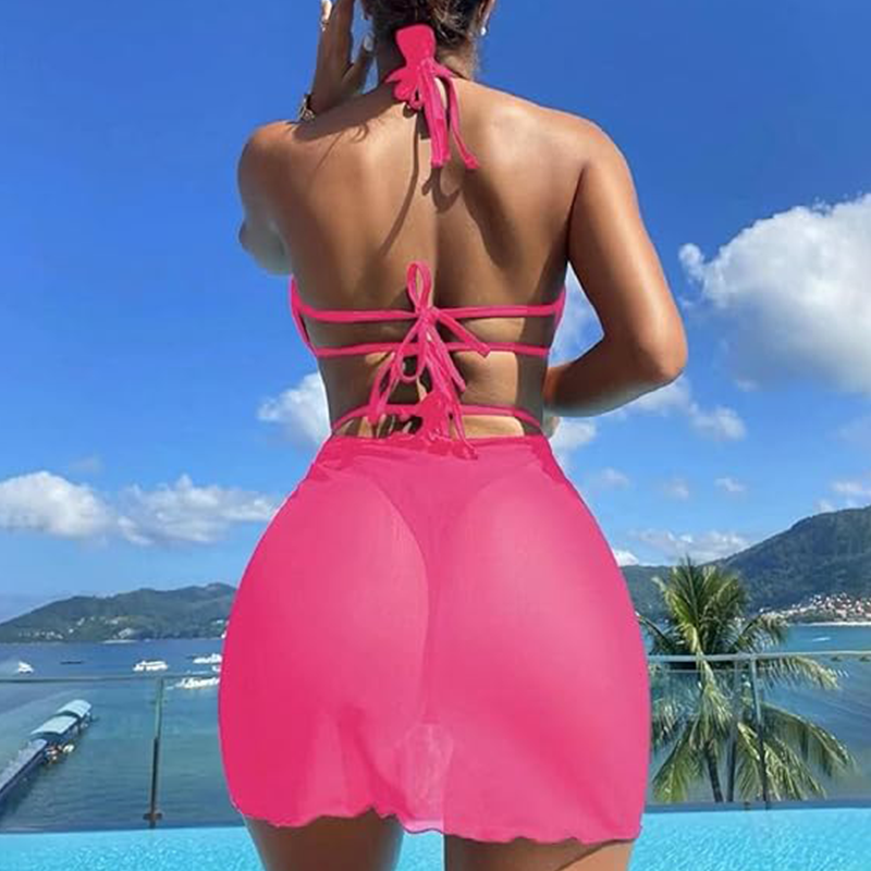 ✨Collar de cruz y corona👑👙Conjunto de bikini de 3 piezas sin tirantes de color sólido-ES