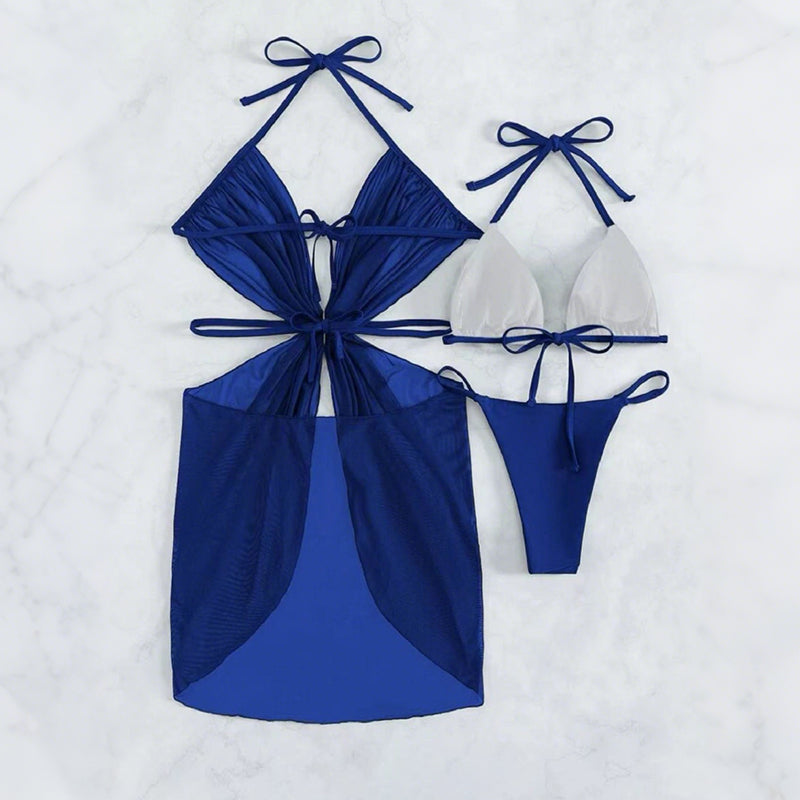 ✨Collar de cruz y corona👑👙Conjunto de bikini de 3 piezas sin tirantes de color sólido-ES