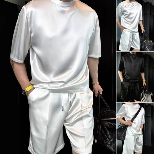 Conjunto casual de dos piezas de blusa y bermuda monocromáticas para hombre-ES