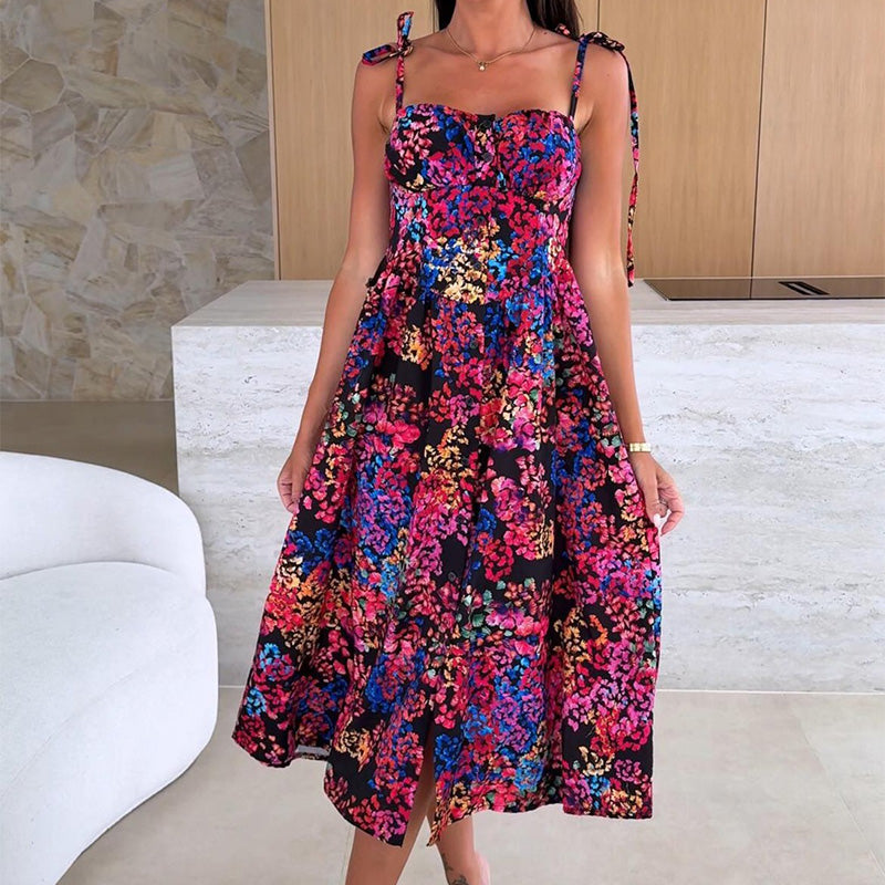 👗Elegantna ženska obleka s tankimi naramnicami in cvetličnim potiskom-SI