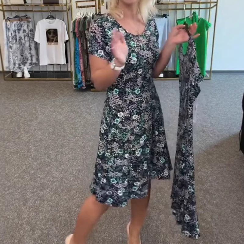 Γυναικείο casual φόρεμα με φλοράλ τύπωμα γύρω από τον λαιμό-GR