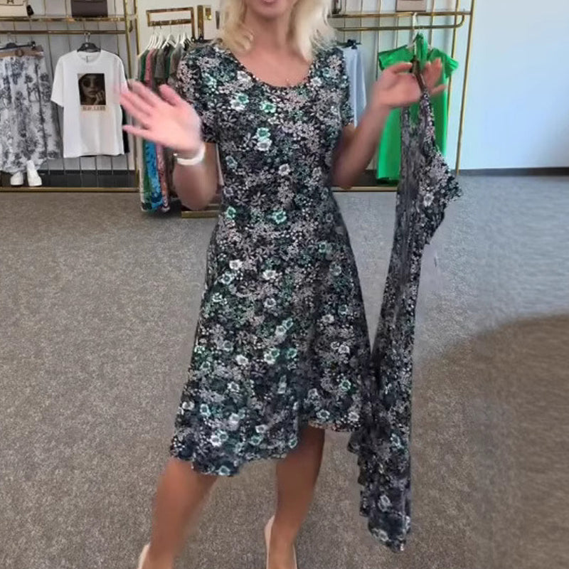 Γυναικείο casual φόρεμα με φλοράλ τύπωμα γύρω από τον λαιμό-GR