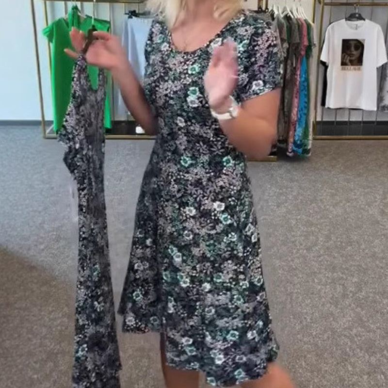 Γυναικείο casual φόρεμα με φλοράλ τύπωμα γύρω από τον λαιμό-GR