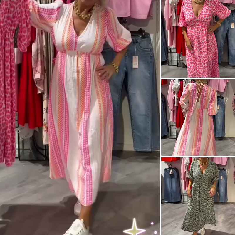 Moteriška suknelė su V formos iškirpte ir raštu-LT