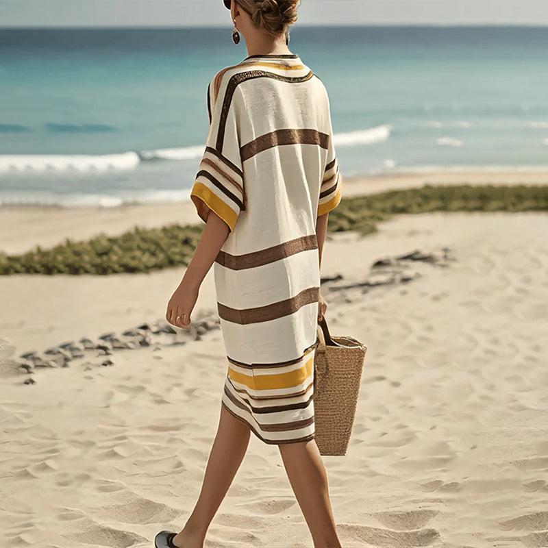 【S-3XL】👗Moteriška dryžuota suknelė su V formos iškirpte-LT