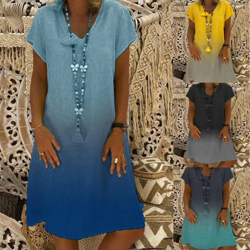 💃Sproščena obleka z V-izrezom in kratkimi rokavi v gradientnem slogu-SI