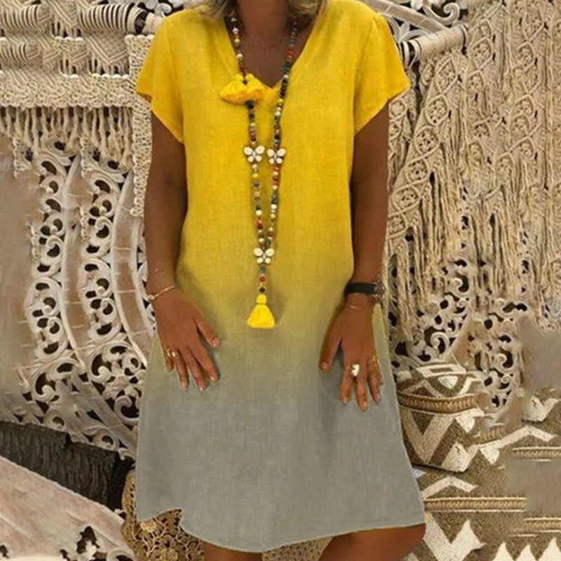 💃Sproščena obleka z V-izrezom in kratkimi rokavi v gradientnem slogu-SI