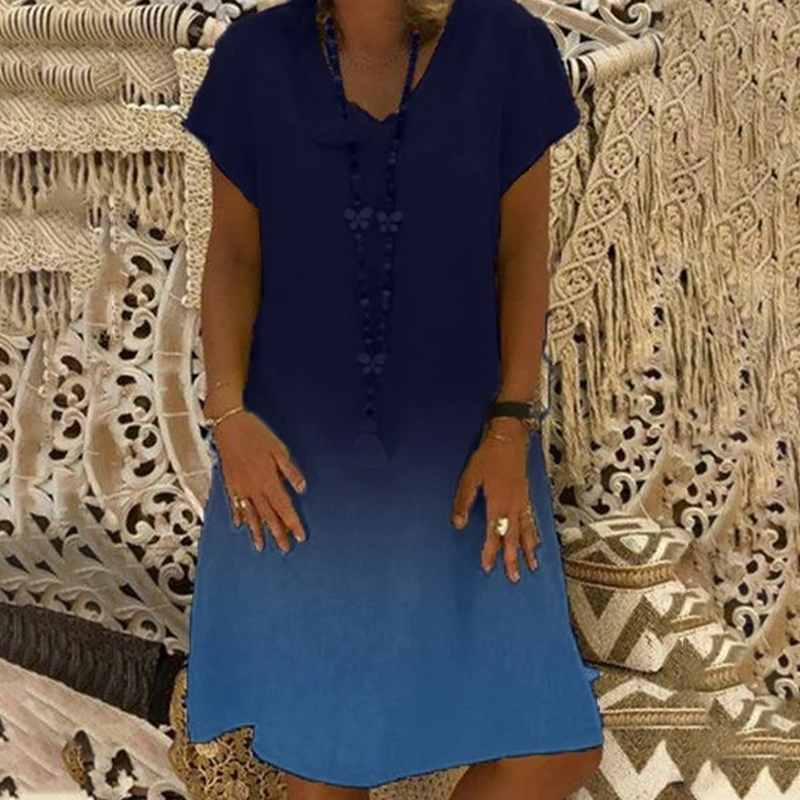 💃Sproščena obleka z V-izrezom in kratkimi rokavi v gradientnem slogu-SI