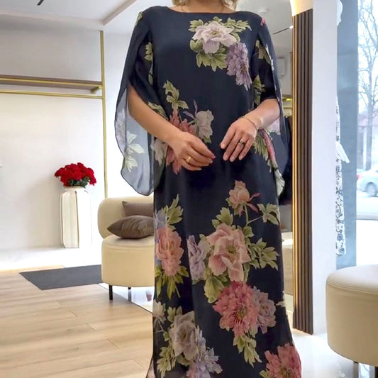 Elegante vestido largo de mujer con estampado en el cuello.-ES