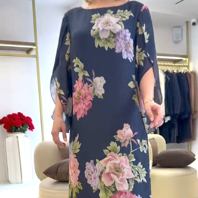 Elegantna duga ženska haljina s printom na vratu-HR