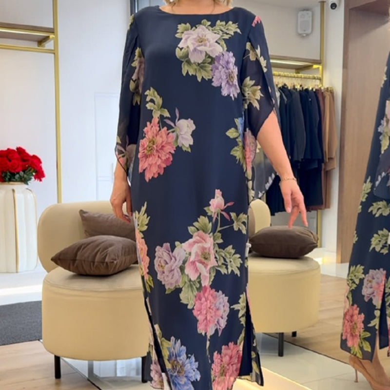 Elegantna duga ženska haljina s printom na vratu-HR