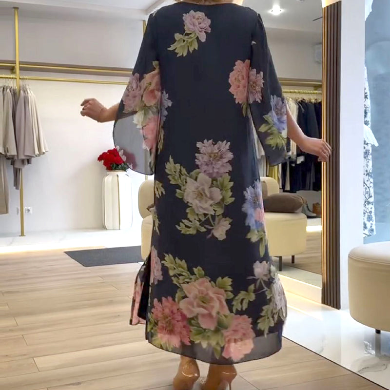 Elegantna duga ženska haljina s printom na vratu-HR