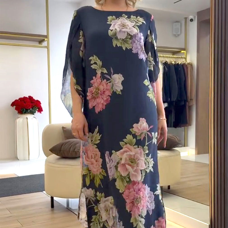 Elegantna duga ženska haljina s printom na vratu-HR