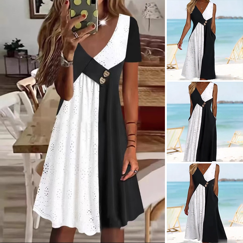 👗 Elegantna ženska obleka s srčkastim izrezom in modernim patchworkom-SI