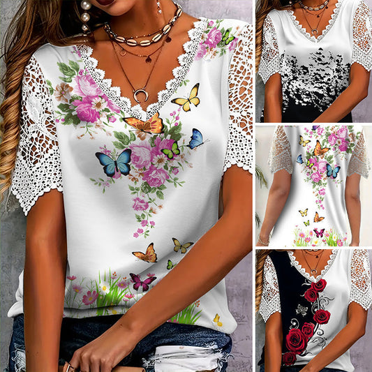 Spausdinti nėriniai su trumpomis rankovėmis-LT