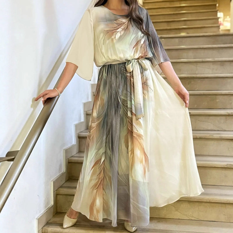 Μάξι φόρεμα με στρογγυλή λαιμόκοψη και ζώνη-GR