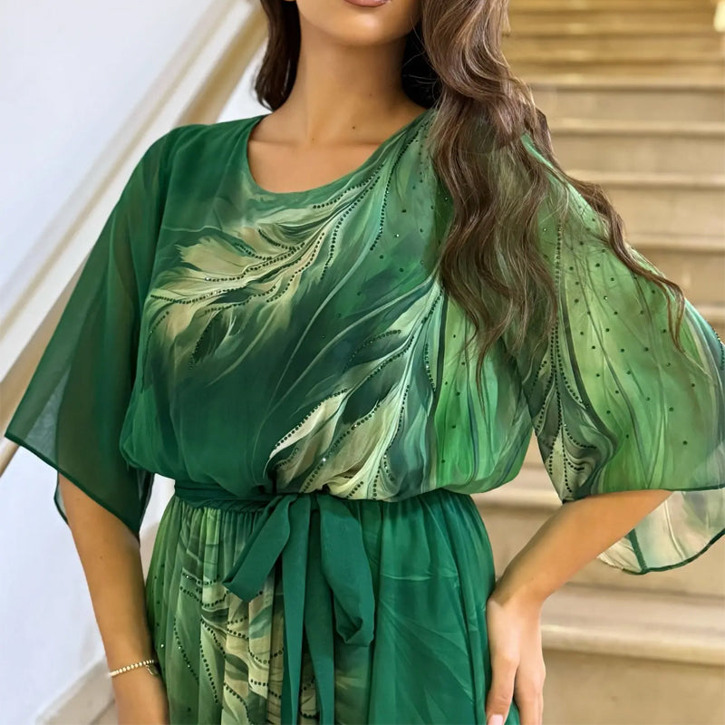 Μάξι φόρεμα με στρογγυλή λαιμόκοψη και ζώνη-GR