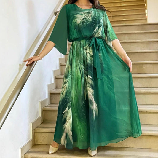 Raštuota apvalios iškirptės maksi suknelė su diržu-LT