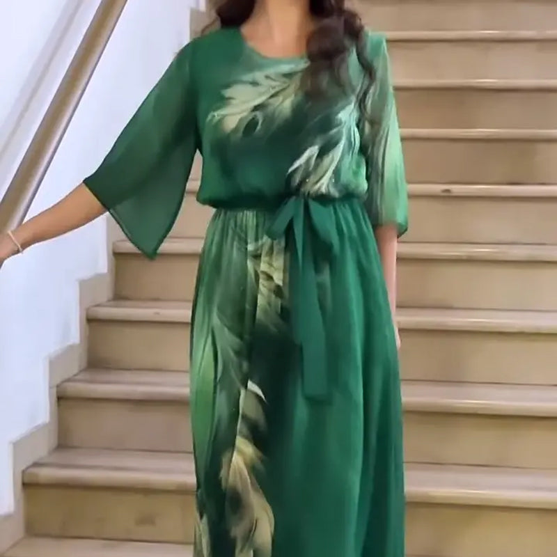 Μάξι φόρεμα με στρογγυλή λαιμόκοψη και ζώνη-GR