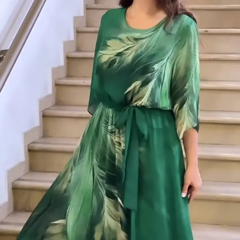 Μάξι φόρεμα με στρογγυλή λαιμόκοψη και ζώνη-GR