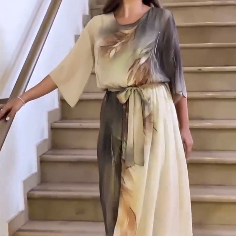 Μάξι φόρεμα με στρογγυλή λαιμόκοψη και ζώνη-GR