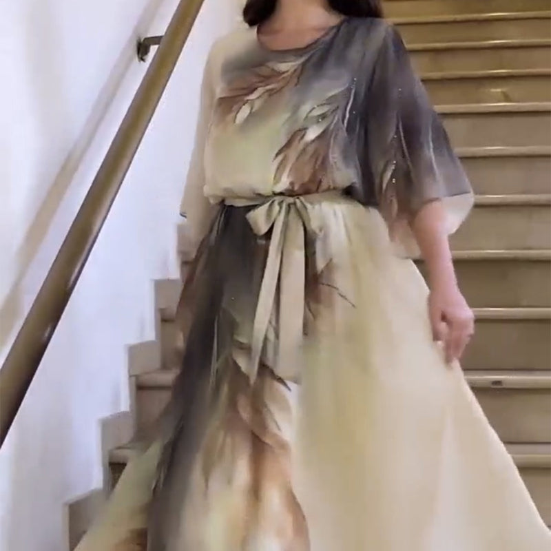 Μάξι φόρεμα με στρογγυλή λαιμόκοψη και ζώνη-GR