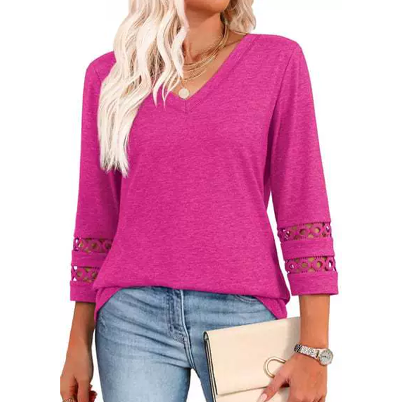 🌺[S-3XL]👚✨ Top clásico de color liso con escote en V y mangas 3/4-ES