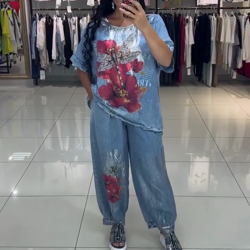 Moteriškas margintas komplektas, palaidinė ir kelnės-LT