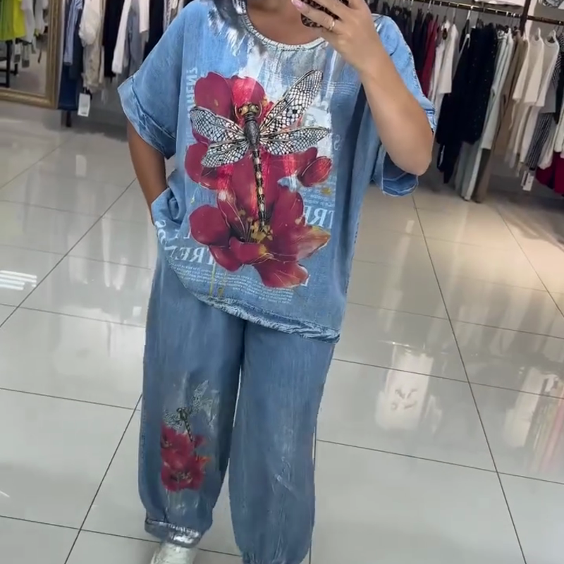 Moteriškas margintas komplektas, palaidinė ir kelnės-LT