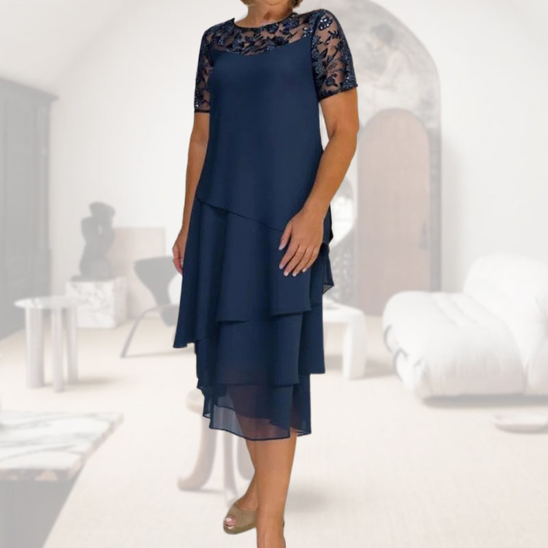 💖 [S-3XL] 👗✨️ Γυναικείο Φόρεμα Midi σε Α γραμμή με στρώσεις και διχτυωτό ύφασμα-GR