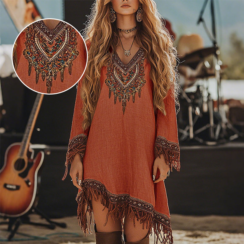 Vestido de mujer con flecos y estampado retro.-ES