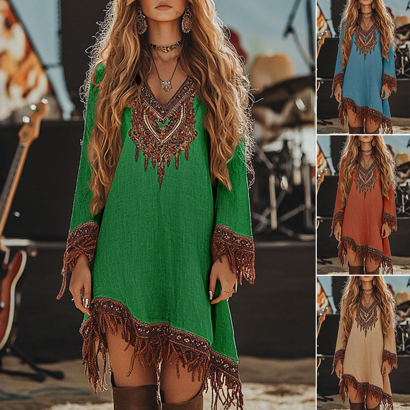 Vestido de mujer con flecos y estampado retro.-ES